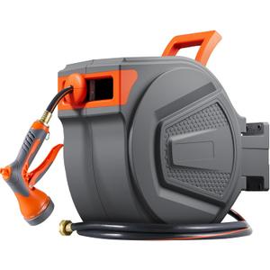 TLGREEN Retractable Garden Hose Reel, 1/2in x 100 ft Water Hose Reel Wall Mount Heavy Duty, with Rewind Storage, 9-Function Sprayer Nozzle, Any Length Lock, Slow Return System, 180Swivel Bracket (Grey)