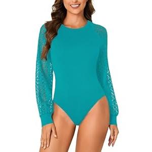 LYANER Women's Crew Neck Bodysuit Lace Hollow Out Long Sleeve Slim Fit Stretchy Leotards Tops, Medium