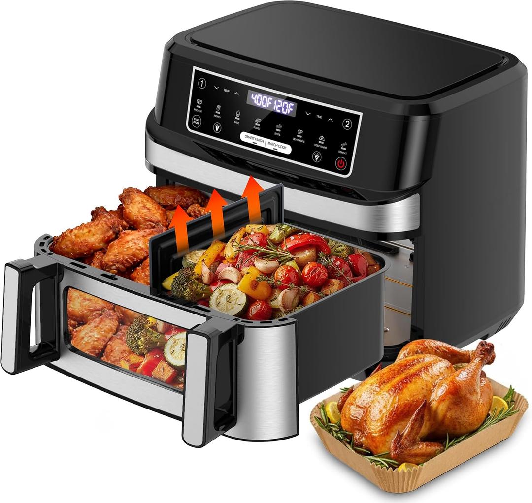 1600W Dual Zone Air Fryer Oven,12.69QT with Divider,Nonstick & Dishwasher-Safe Basket,Match Cook & Smart Finish to Roast,Recipes for Easy Cooking,Digital Touchscreen,Metal Sliver