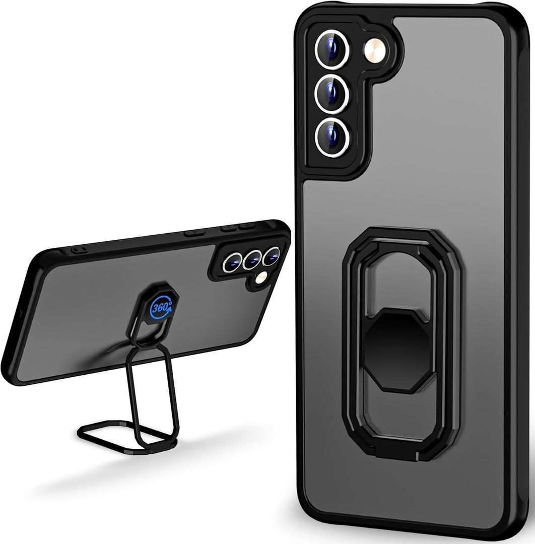 WINTONG for Galaxy S21 Case with Metal Stand, Matte Back Phone Case with Double Ring Holder Finger KickstandFoldable & Adjustable Shockproof Translucent Protective Cover - Frosted Black