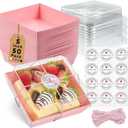 Leafiew 50 Pack Small Clear Treat Boxes - Dessert Boxes To Go - 5Inch Disposable Paper Mini Containers for Cookie, Cake Slice, Charcuterie, Bakery, Pastry, Strawberry, Baked Goods Packaging (Pink)