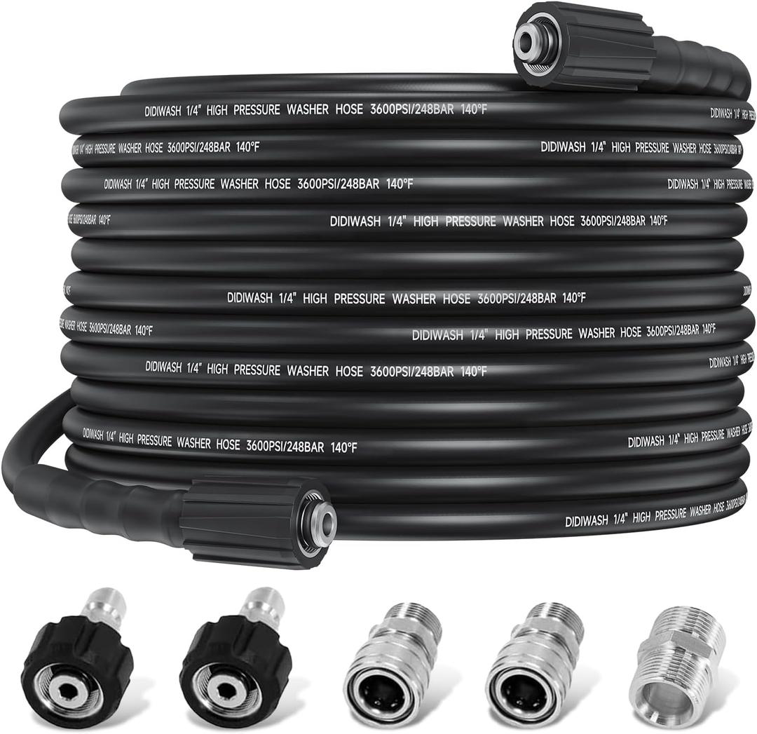 1/4" Pressure Washer Hose 50FT,Flexible 3600PSI Power Washer HoseM22-14mm&15mm) with 3/8" Quick Connect KitNo Kinking Household High Pressure Washer Hoses Easy Storage