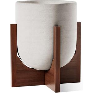 12 Inch Plant Pot with Acacia Wood Stand, Ceramic Large Planters for Indoor Plants, Indoor Pots for Plants Office Living Room, Cylinder Planter with Drainage Hole and Plug, Neutral Gray