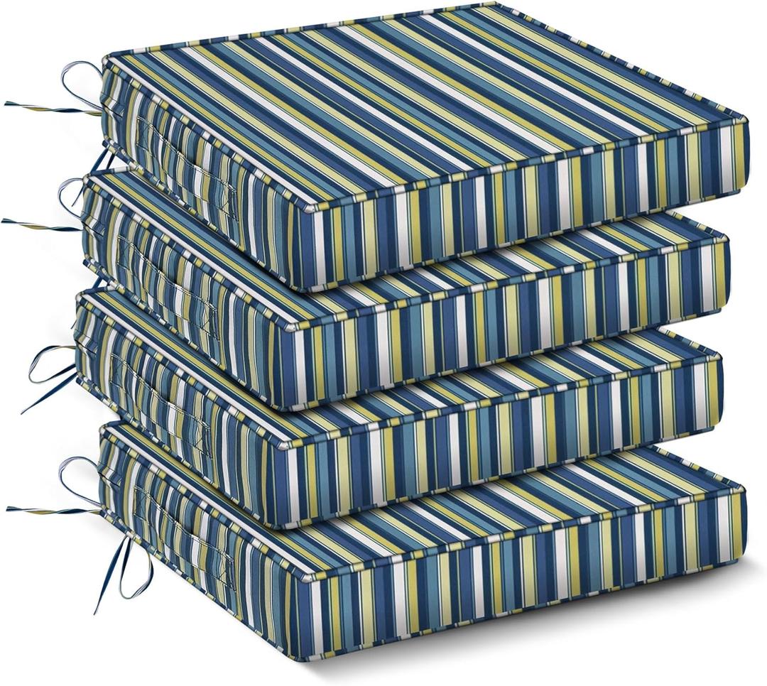 IPYNBAP Outdoor Chair Cushions Set of 4 -Waterproof Outdoor Seat Cushions for Patio Furniture, Patio Chair Cushion with Handle and Ties, Out Door Chair Pads,19x19x3-Square, Blue Stripe