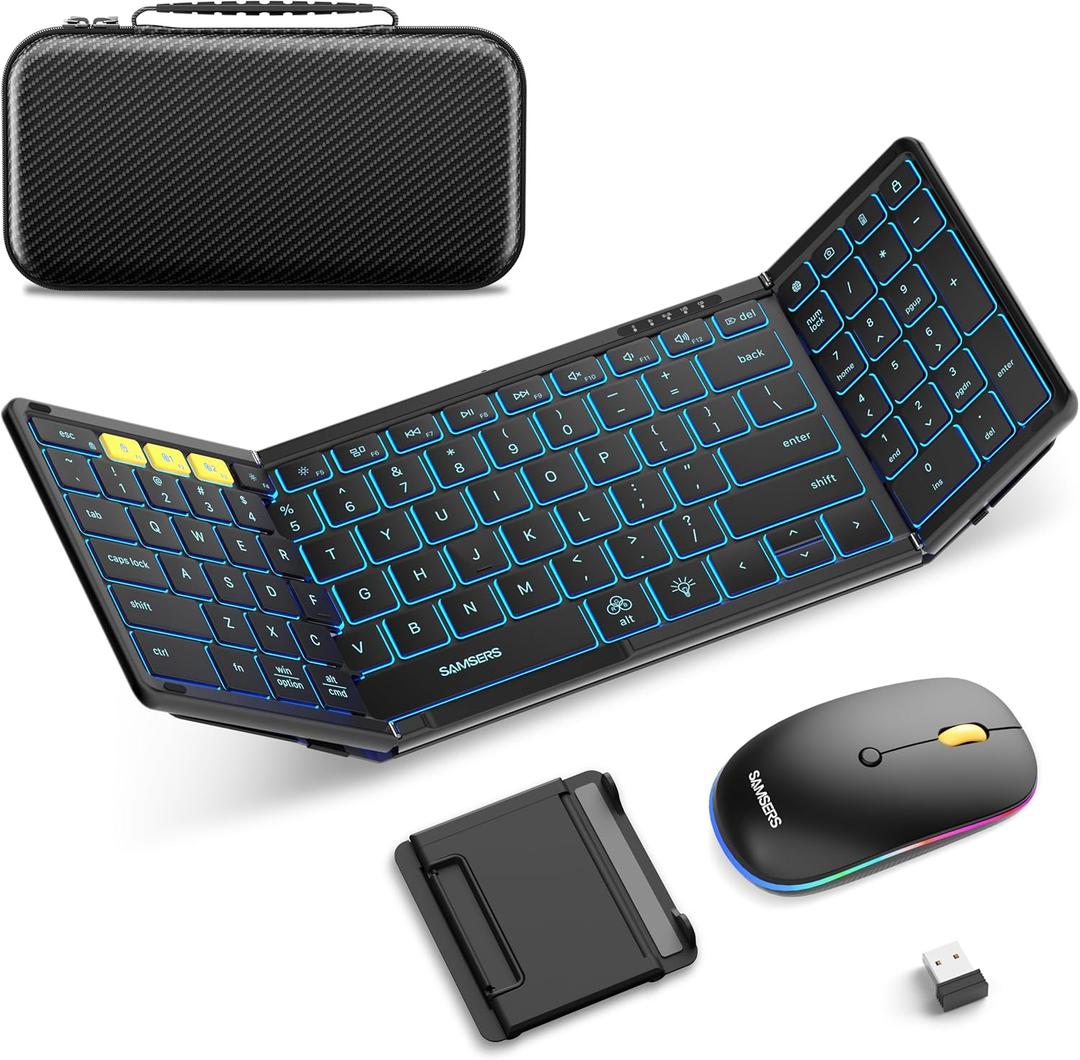 Foldable Keyboard and Mouse, Samsers Folding Bluetooth Keyboard Combo, 2.4G + BT5.0 x 2, Full-Size Portable Travel Keyboard & Rechargeable Wireless Mouse for Windows Android iOS Mac OS, Backlit (Elegant Black - Backlit)