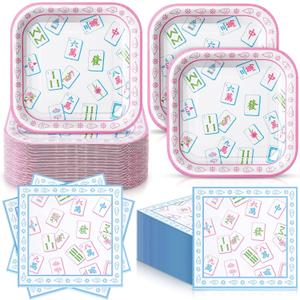 Zhehao 72 Pcs Mahjong Plates and Napkins Set Serve 36, 7" Mahjong Party Supplies Cocktail Tableware Dessert Plates and Napkins Disposable for Bridal Showers Wedding Dinnerware Decoration
