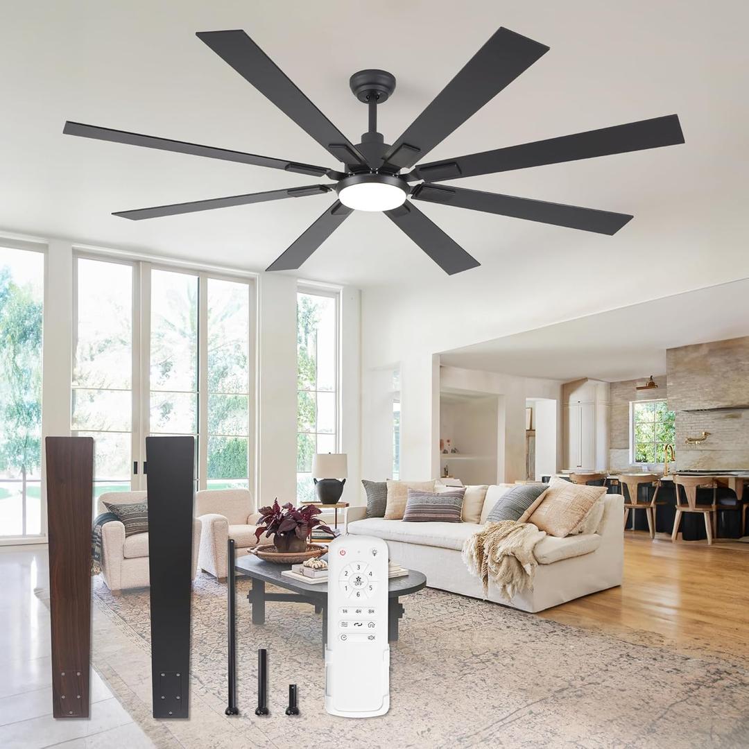 Large Ceiling Fans with Lights and Remote, Indoor/Outdoor Black Modern Ceiling Fan for Kitchen Living Room Patio, 6 Speed Reversible Quiet DC Motor, 3 CCT, Dual Finish 8 Blades 72"D x 72"W x 10"H (Black & Walnut)