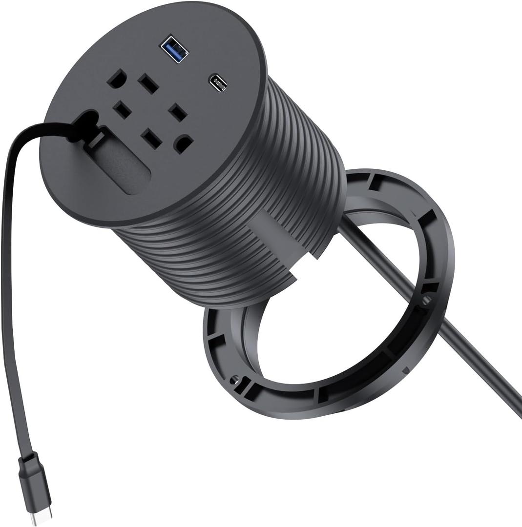 3 inch Desk Power Grommet Built-In1 Retractable USB C Cables (1.2ft),Recessed Power Grommet PD 20W USB-C&USB-A&2AC Outlet,Desktop Outlet 6.6 Ft Extension Cord for Conference Rooms, Desktop Accessory.