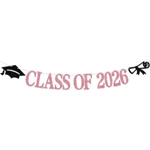 Class of 2026 Banner, Congrats Grad Bunting Sign for 2026 High School College Graduation Bachelor Master Party Decorations Supplies, Black and Pink Glitter