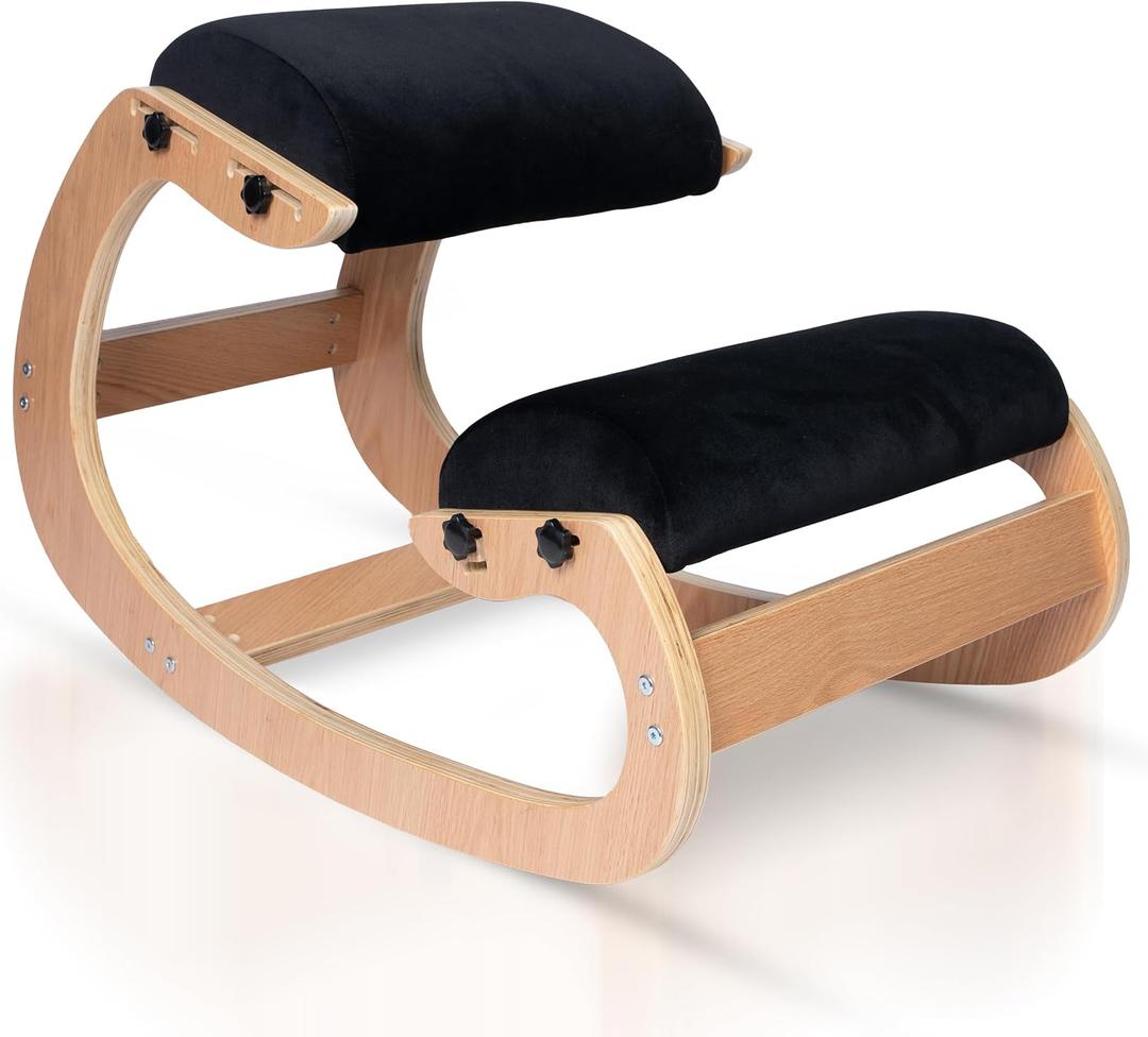 Ergonomic Kneeling Chair, Adjustable Seat - Office Chair for Desk, Posture Corrector, Premium Comfort Cushion, Wooden Rocking Knee Chair (Black)