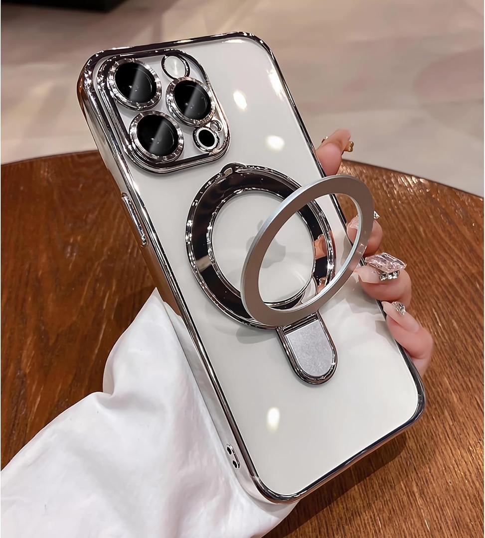 LXK Magnetic Invisible Stand for iPhone 15 Pro Max Case Compatible with MagSafe, Military-Grade Protection, with Camera Protector, Clear Scratch-Resistant Back Case for iPhone 15 ProMax (Silver)