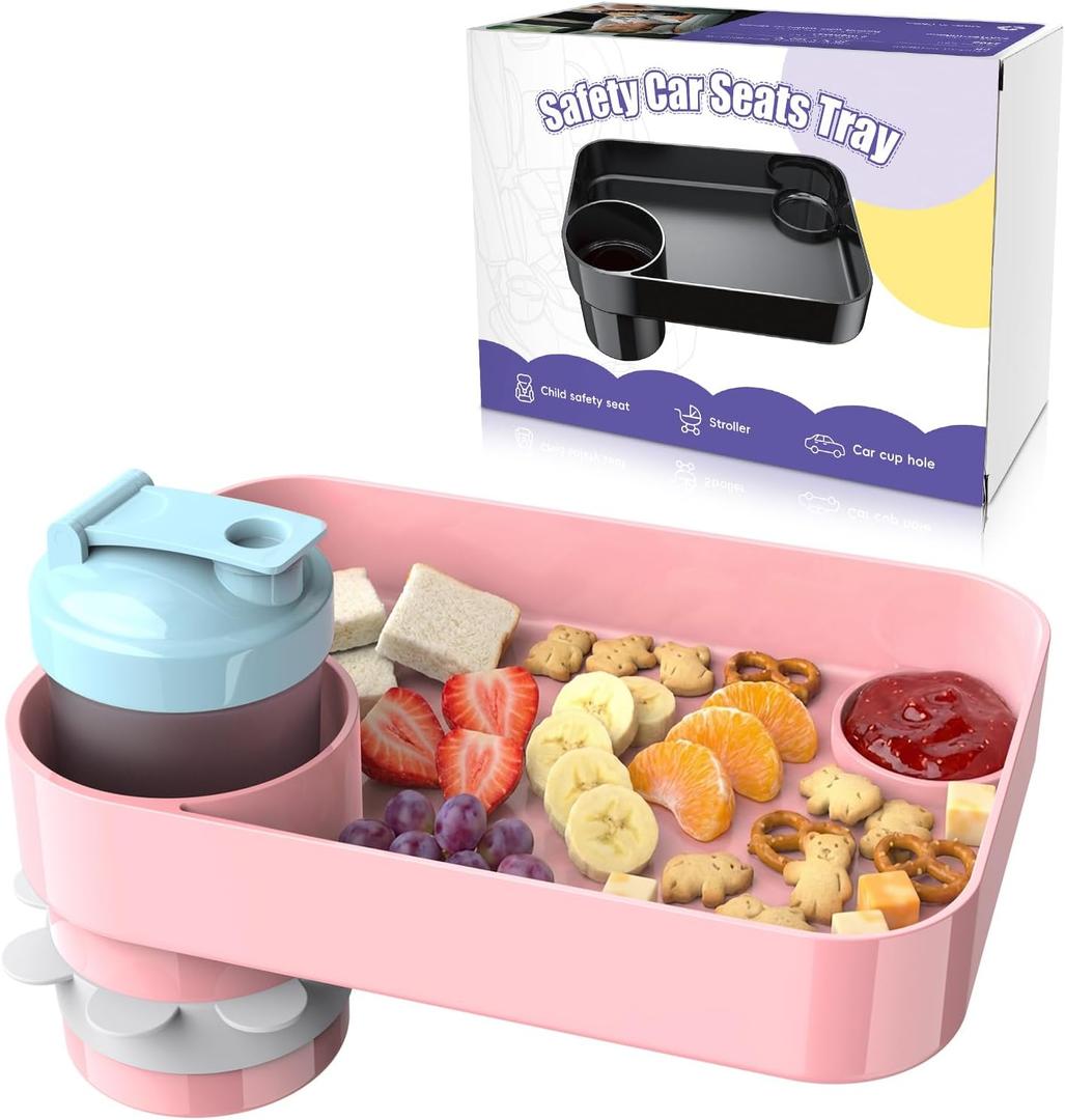 Car Seat Snack Tray for Kids, Mess-Free Square Travel Tray Cup Holder Snack Tray, Durable Car Food Tray for Toddlers, Universal Fit Kids Travel Road Trip Essentials (1, Pink)