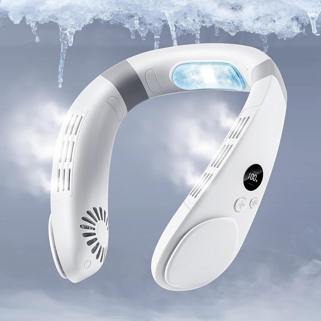 HomePlus Cooling Neck Fan, 2-in-1 Neck Air Conditioner Portable Rechargeable, Wearable Personal Fan, 4400mAh Large Battery, Ergonomic Design, White