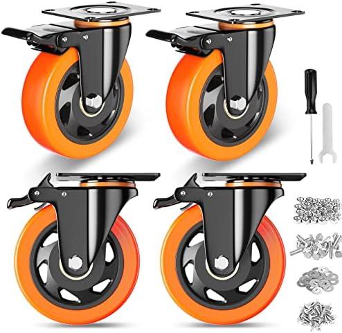 4 Inch Caster Wheels, Casters Set of 4, Heavy Duty Casters with Brake 2200 Lbs, Locking Industrial Swivel Top Plate Casters Wheels for Furniture and Workbench Cart(Two Hardware Kits Include)