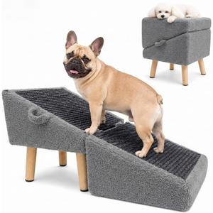 16" H Dog Stairs & Ramp for Small Dogs, 2-in-1 Foldable Wooden Dog Ramp for Low Bed and Couch, Non-Slip Split Ottoman Pet Ramp, Safe for Puppies, Senior, Injured Dogs, Grey