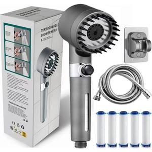 Ion Shower Drops Head Filtered Showerhead With Five Filters, Filtered Shower Head With Handheld, High Pressure Turbo Showerhead, Reusable, Adjustable Settings With Hose (Gray)
