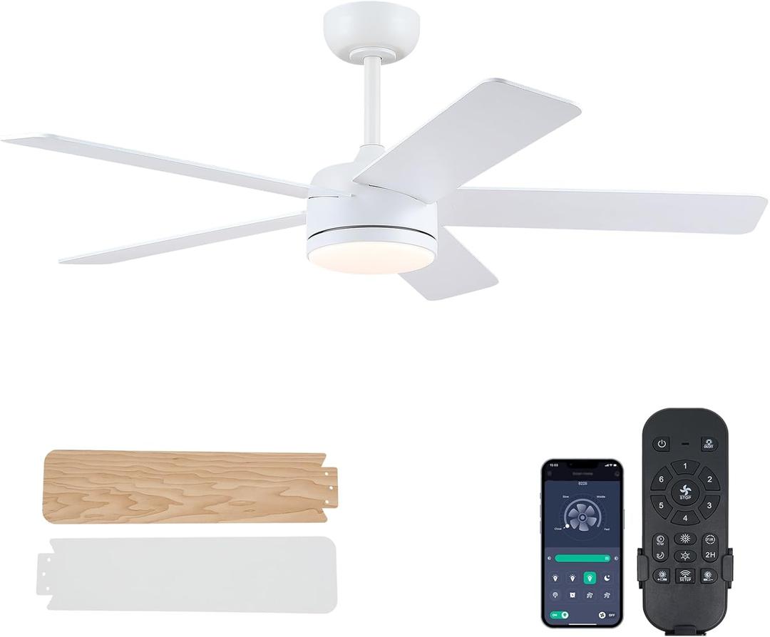 White Ceiling Fans with Lights - 46" Low Profile Ceiling Fan Lights with 5 Blades, Modern Ceiling Fan with Lights and Remote/APP, Dimming, 3CCT, Fan Light Fixture for Indoor Covered Outdoor