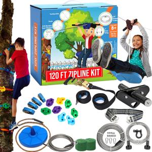 Zip Line Kit for Kids and Adults, 100/120/150/200ft, Up to 350 Lbs, Removable Trolley, Rustproof Stainless Steel, Quick Setup with Ratchet, Safety Harness, Backyard Adventure Fun W/Climbing Holds