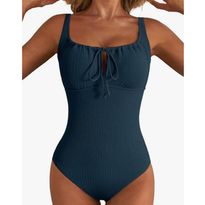 Aleumdr Womens Textured One Piece Swimsuit Tummy Control Bathing Suit with Bow Tie Knot Cutout Ruching Swimwear