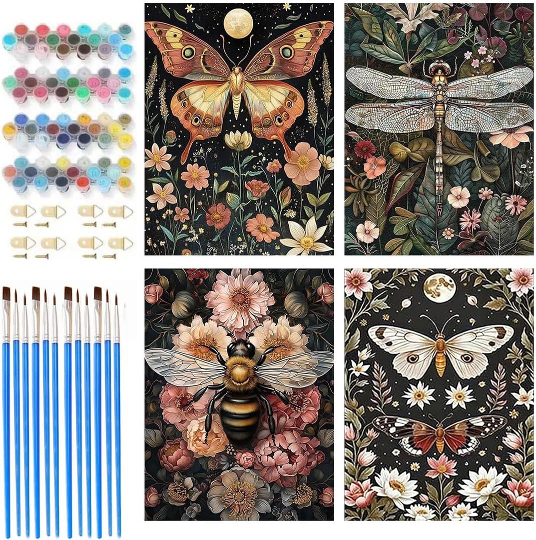 ICYANART 4 Pack Paint by Numbers kit for Adults, Insect Adult Paint by Number Kits, DIY Acrylic Oil Painting by Number for Adults Home Wall Decor Gift 12x16 inch