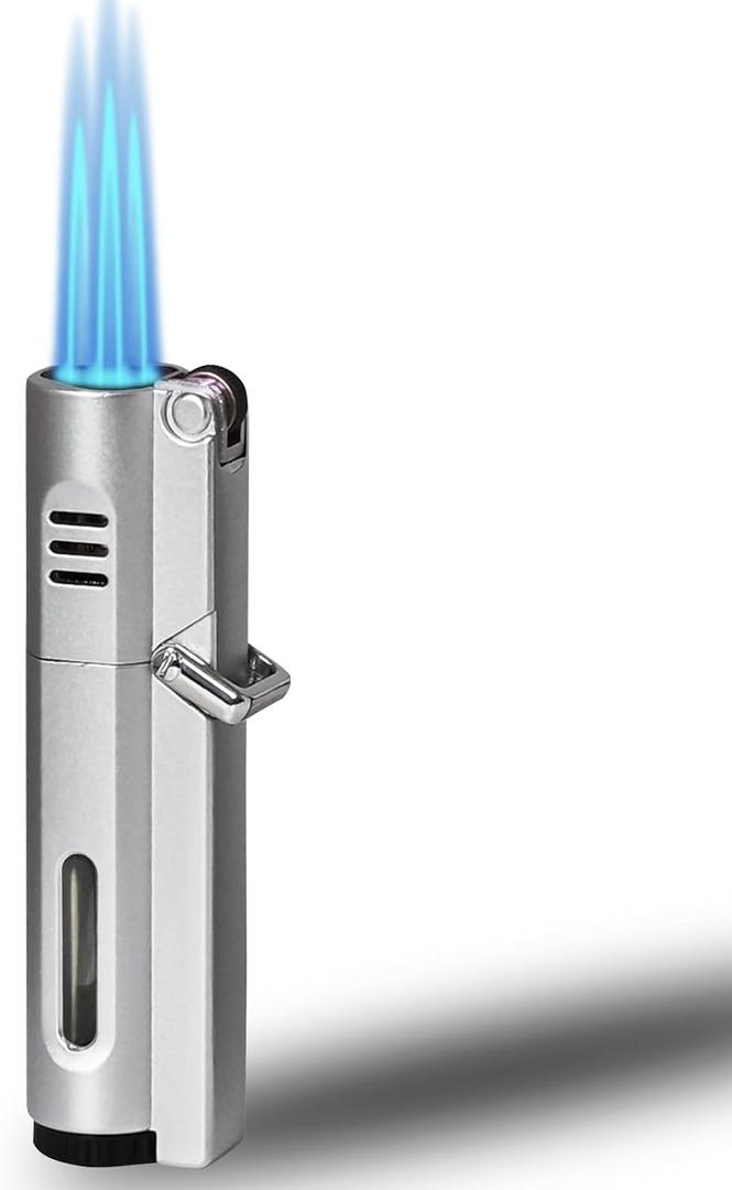 Windproof Triple Jet Flame Lighter - Adjustable Flame with Safety Lock, Refillable and Gift-Boxed(Gas Not Include) (White)