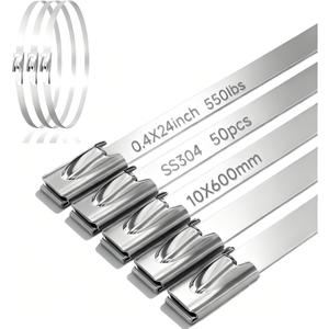 Metal Cable Zip Ties, 50Pcs 550 lbs Heavy Duty Stainless Steel Wire Ties, 24 Inch Self-Locking Strap Tie 304 Steel Cable Tie Strength Enough for Exhaust, Pipes, Garden Fence and Poultry Fence