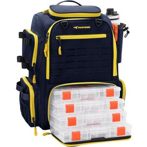 KastKing Bait Boss Fishing Tackle Backpack with Rod Holders-4 Tackle Boxes-Rain Cover,45/43L Large Storage for Fishing Gear (G: Blue (Aluminum Back Support System))