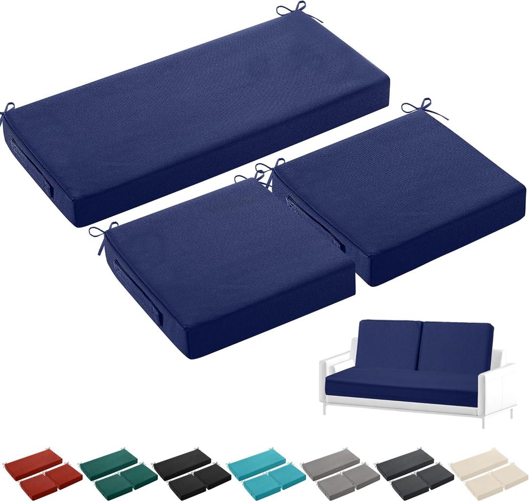 Leinuosen 3 Pcs Outdoor Chair Cushions Set 44 x 19 Inch Loveseat Waterproof Patio Furniture Love Seat Pad Cushions with Ties for Square Settee Indoor Sofa Wicker Couch Bench(Navy Blue)