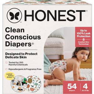 The Honest Company Comfort Dry Disposable Diapers for Sensitive Skin, Hypoallergenic, Fragrance-Free, Fall '25 Seasonal Prints, Club Box, Size 4 (22-37 lbs), 54 Count (Bum-kin Patch + Costume Paw-ty)