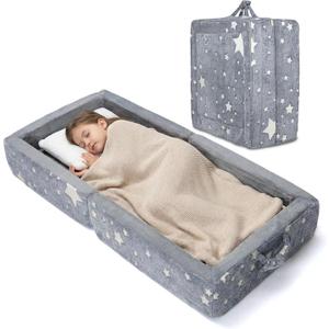 Toddler Floor Bed, Foldable Travel Bed Glow-in-the-Dark | Portable toddler bed for travel & home; foldable floor bed with glow fabric; washable cover, safety rails, no assembly needed