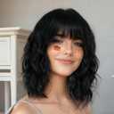 LOSMOEER Natural Black Wig with Bangs Short Wavy Wigs for Women Shoulder Length Curly Bob Wigs Heat Resistant Synthetic Wigs for Halloween Cosplay Daily Party Use (14 Inch)