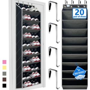 Over the Door Shoe Organizer, 20 to 30 Pairs Hanging Shoe Holder, Heavy Duty Extra Deep Pockets Shoe Storage for Closet, Anti-Scratch Hooks & FSC-Certified Bamboo - Black/Grey