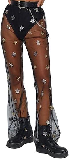 No Brand Rave Outfit for Women Outfit Festival Dance Clubwear Bell Bottom Mesh Sheer Pants L (Belt not Included)