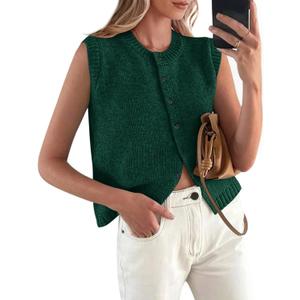 PRETTYGARDEN Sweater Vest Tops for Women 2026 Lightweight Summer Cardigan Sleeveless Button Up Knit Casual Spring Clothes (Large, Dark Green)