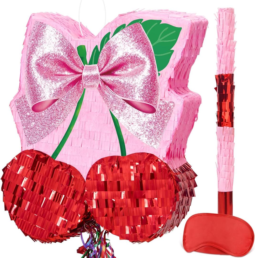 WERNNSAI Cherry Piata - Pink Bow Party Decorations Cherry Bow piata with Blindfold and Stick for Girls Coquette Birthday Decorations Princess Bridal Shower Bachelorette Wedding Supplies