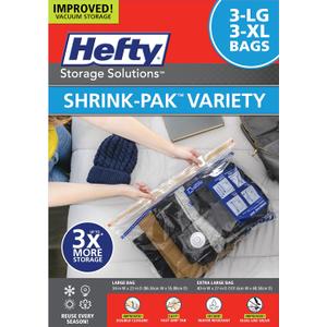 Hefty Shrink-Pak Vacuum Storage Bags - Space Saver for Under Bed Storage, Clothing and Comforters, Odor Resistant, 3X More Storage Space - 3 Large, 3 XL Bags