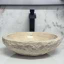 Shades of Nature Round Bowl Travertine Vessel Sink, Natural Stone Wash Basin, Hand-Carved Bathroom Sink, Chiseled Exterior, Polished Interior, Above Counter Vanity (Soap Tray Included)
