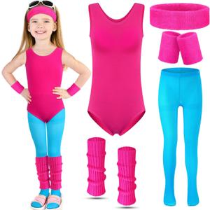 Giegxin Kids 80s Workout Costume Halloween Outfit Accessories Retro Neon Leotard Legging Headband Wristband Leg Warmers (Small, Rose Red, Lake Blue)