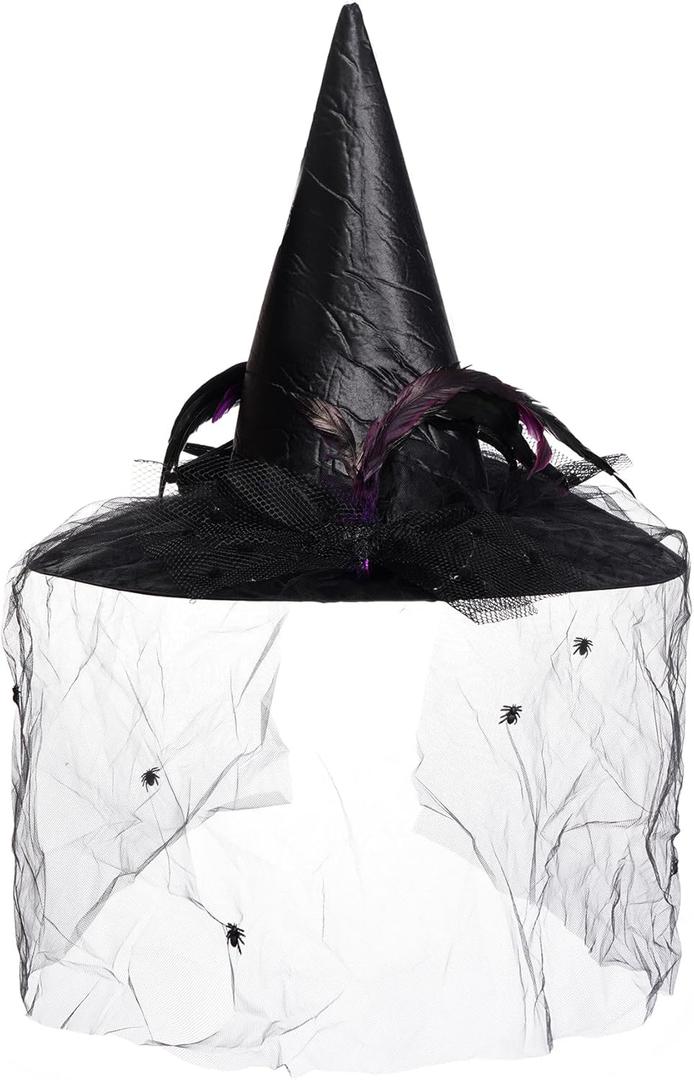 Bantoye Halloween Witch Hat for Women, Large Ruched Witch Hat with Feathers Spiders Cosplay Headwear Accessories for Party (Black)