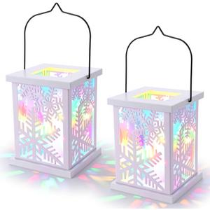 Honoson 2 Pcs Christmas Lanterns Decorative with LED String Lights Metal Hanging Xmas Vintage Lantern with Red Ribbon Berry for Indoor Outdoor Xmas Home Porch Party Decor(Snowflake)