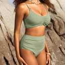Herseas Women's Loop Straps Bikini Sets 2 Piece Shine Ribbed Swimsuits Ruched High Waisted Bathing Suits (Green, XL)