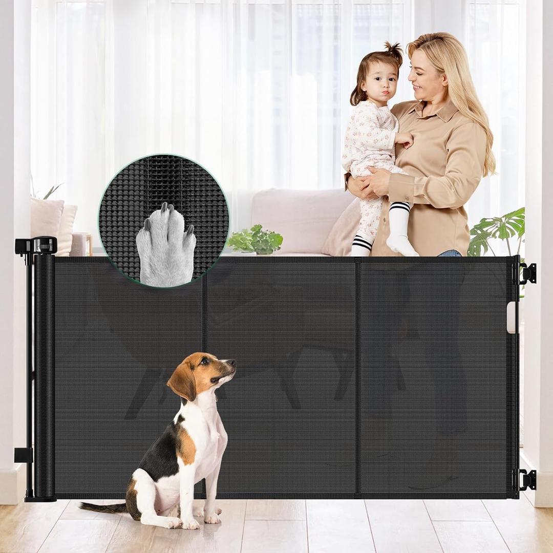 Reinforced 50" Wide Retractable Baby Gate Retractable Dog Gate with Support Rods - Anti-Bottom Crawl, Mesh Gate Retractable Gate Outdoor Retractable Pet Gate Indoor Doorway/Hallway/Stair Gate, Black