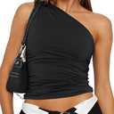Trendy Queen Women Tank Top Asymmetrical Neck Twist Ruched Sleeveless Going Out Top M