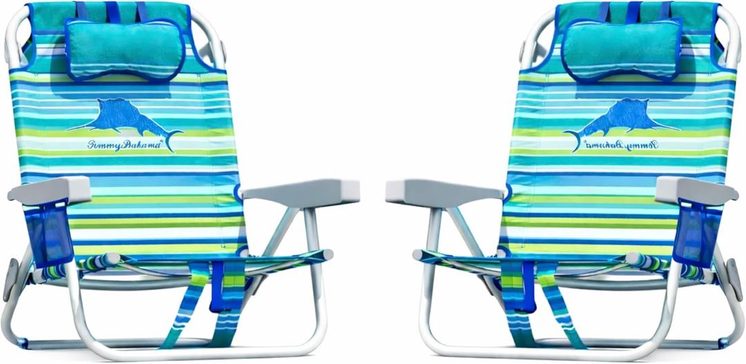 Tommy Bahama 5 Position Beach Chair, Zippered Insulated Cargo Pouch, Cup and Cell Phone Holders, Towel Bar, Pillow for Extra Comfort, Heavy-Duty Weight Capacity, 2-Pack (Aqua Stripes)