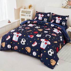 Kids Sports Comforter Set Twin Boys Bedding Set Navy Baseball Football Soccer Basketball Bed Sets Reversible 5 Pieces Bed in A Bag with Sheets(Navy Balls, Twin)