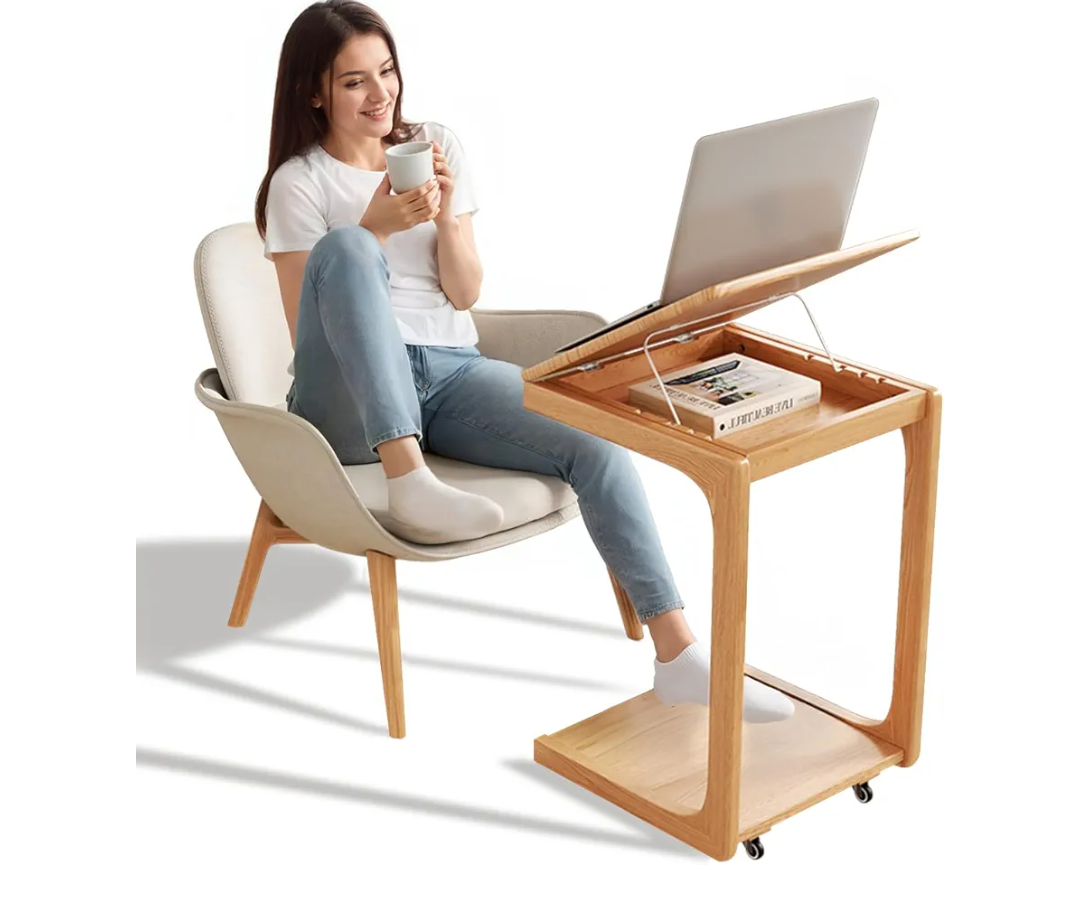 KASLANDI Wooden C-Shaped End Table,Couch Table with Adjustable Desktop,Small Rolling Side Table with 2 Lockable Wheels,Small End Table for Couch, Living Room,Bedroom (Natural)