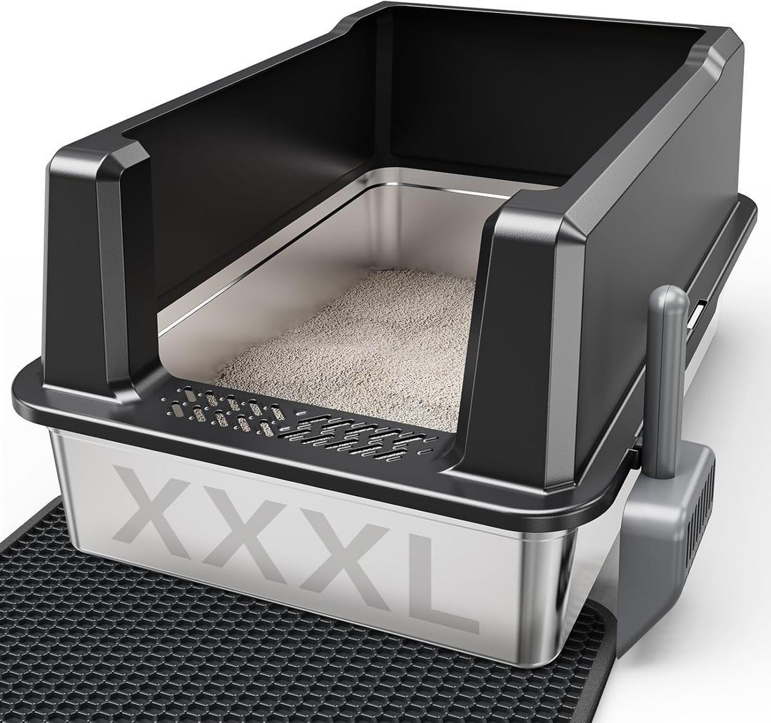 Tripamin XXL Stainless Steel Litter Box with High Sides 26"x18"x12" Extra Large Metal Litter Box for Big Cats & Multiple cat, Jumbo Top Entry Litter Pan with lid (Black, XX-Large)