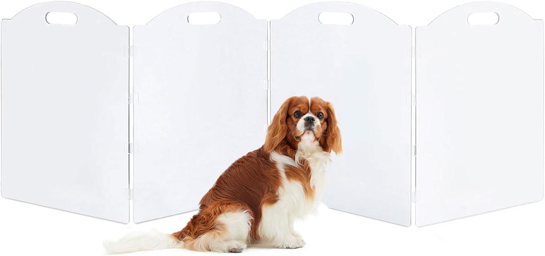 Clear Acrylic Freestanding Dog Gates for The House  Folding 4-Panel Pet Gates for Doorways, Stairs, and Rooms, Transparent Indoor Barrier for Dogs, Puppies, and Cats