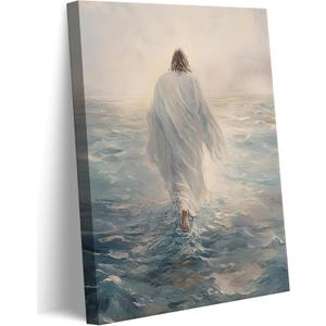 Jesus Walking on Water Canvas Wall Art Bible Stories Wall Decor Pictures Christian God Religious Spirit Faith Posters Prints for Living Room Bedroom Church Home Decorations Ready (16"L x 12"W)
