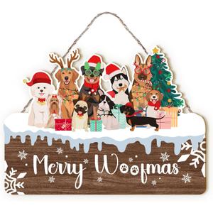 Motomate Merry Woofmas Chrsitmas Dog Sign, Funny Dog Front Porch Door Decor, Christmas Wall Hanging Decor - 8x10 Inch